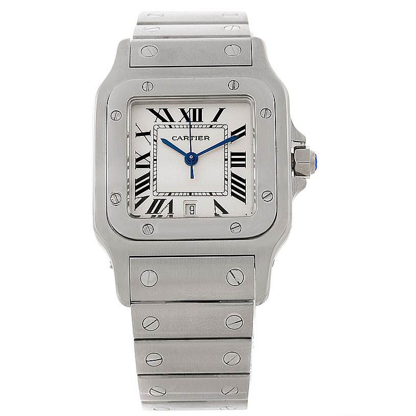 The image shows a frontal view of the Cartier Santos W20060D6 Men's Stainless Steel Silver Dial W20060D6 Men's Stainless Steel Silver Dial watch, featuring the dial, bezel, and bracelet.