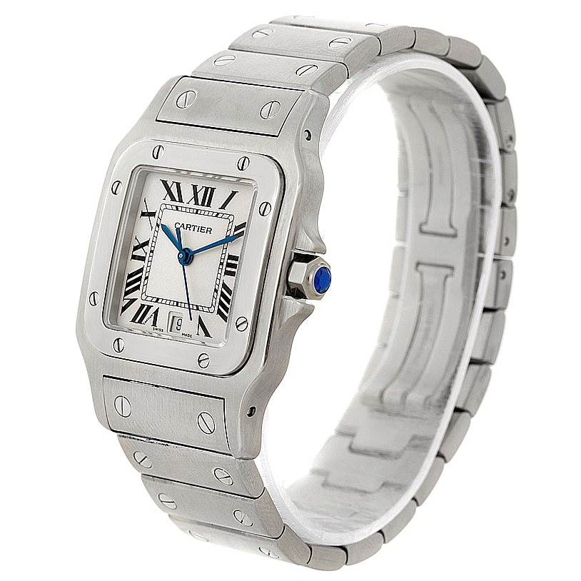 The image shows a Cartier Santos W20060D6 Men's Stainless Steel Silver Dial W20060D6 Men's Stainless Steel Silver Dial watch at a three-quarter angle, highlighting its face, bezel, crown, and bracelet.