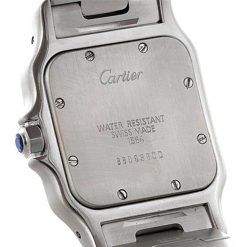 The image shows the back case of a Cartier Santos W20060D6 Men's Stainless Steel Silver Dial W20060D6 Men's Stainless Steel Silver Dial watch, displaying the brand name, serial number, and water resistance details.