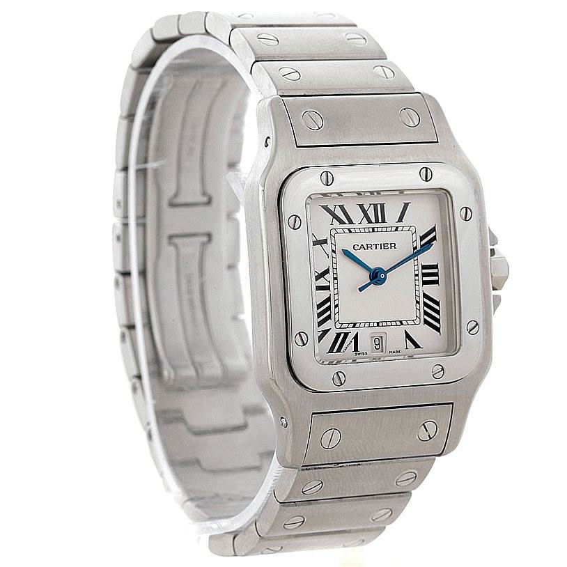 The image shows a Santos model by Cartier from a front-left angle, highlighting the face, bezel, and metal band.