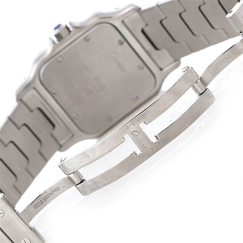 This image shows the back casing and clasp mechanism of a Cartier Santos W20060D6 Men's Stainless Steel Silver Dial W20060D6 Men's Stainless Steel Silver Dial watch.