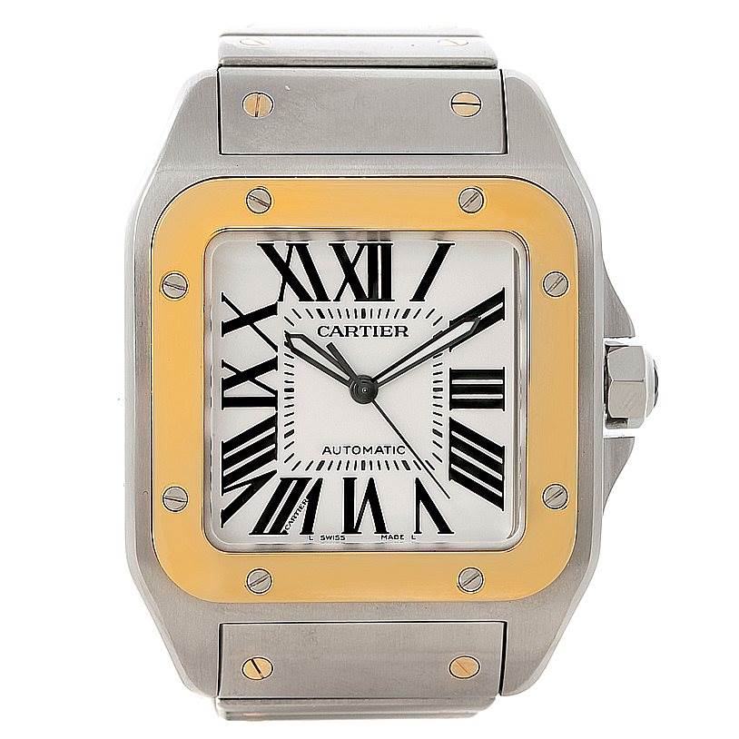 This image shows a front view of a Cartier Santos W200728G Men
s Stainless Steel Silver Dial W200728G Men
s Stainless Steel Silver Dial watch, highlighting its face, bezel, and part of the strap.