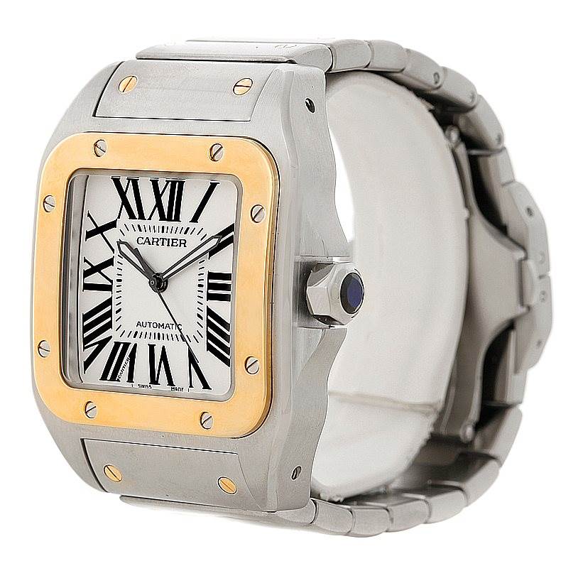 The image shows a Cartier Santos W200728G Men
s Stainless Steel Silver Dial W200728G Men
s Stainless Steel Silver Dial model watch angled to display the face, bezel, crown, and bracelet.