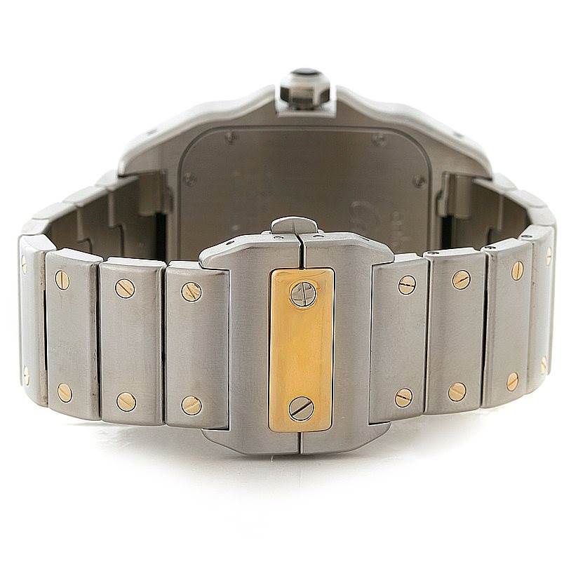 The image shows the closed clasp and bracelet of a Cartier Santos W200728G Men
s Stainless Steel Silver Dial W200728G Men
s Stainless Steel Silver Dial watch, viewed from the back.