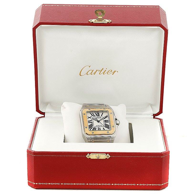 The image shows a Cartier Santos W200728G Men
s Stainless Steel Silver Dial W200728G Men
s Stainless Steel Silver Dial watch from a front angle, inside an open red Cartier watch box.