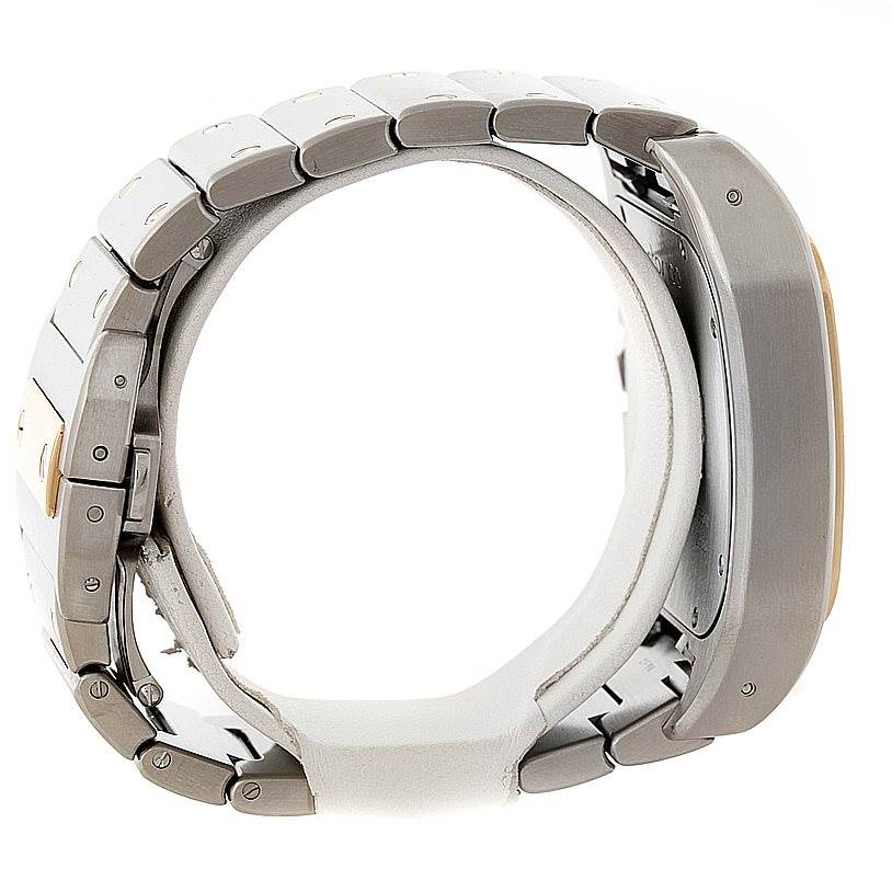 The side view of the Santos model by Cartier showcases the watch band links and part of the case.