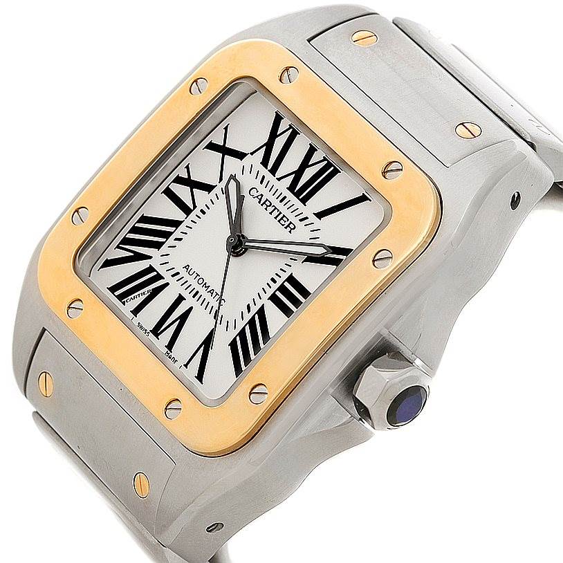 This image shows a close-up angled view of the Cartier Santos W200728G Men
s Stainless Steel Silver Dial W200728G Men
s Stainless Steel Silver Dial watch, highlighting its face and crown.