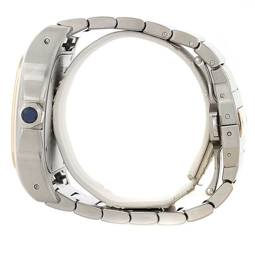 The image shows a side profile of a Santos model by Cartier, highlighting the bracelet and watch case with the crown visible.