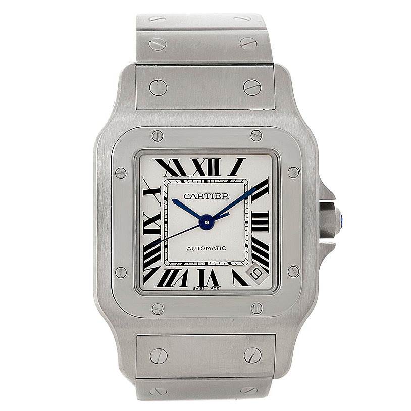 The image shows a front view of the Cartier Santos W20098D6 Men's Stainless Steel Silver Dial W20098D6 Men's Stainless Steel Silver Dial watch, displaying the face, bezel, and part of the band.