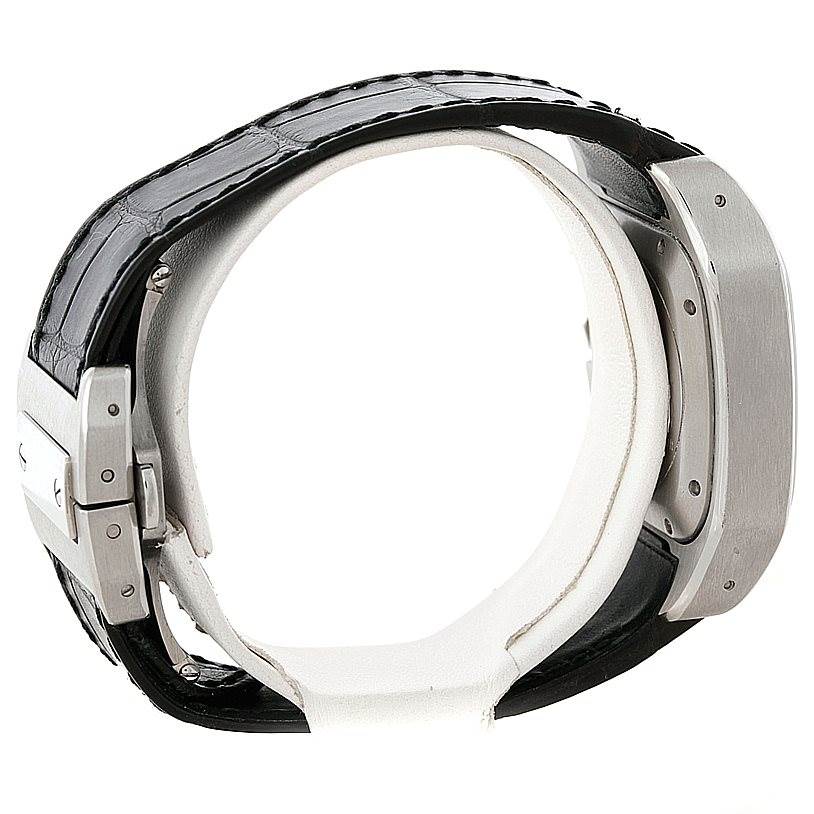 The side view of the Cartier Santos W20106X8 Men
s Stainless Steel Silver Dial W20106X8 Men
s Stainless Steel Silver Dial watch shows its case, crown, and black leather strap.