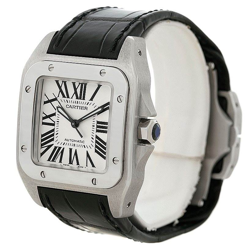 This image shows a front-side angle view of a Cartier Santos W20106X8 Men
s Stainless Steel Silver Dial W20106X8 Men
s Stainless Steel Silver Dial watch, highlighting its case, dial, and strap.