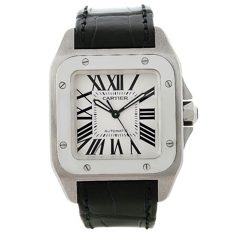 The image shows a front view of the Cartier Santos W20106X8 Men
s Stainless Steel Silver Dial W20106X8 Men
s Stainless Steel Silver Dial watch, highlighting its square face, Roman numerals, and black leather strap.