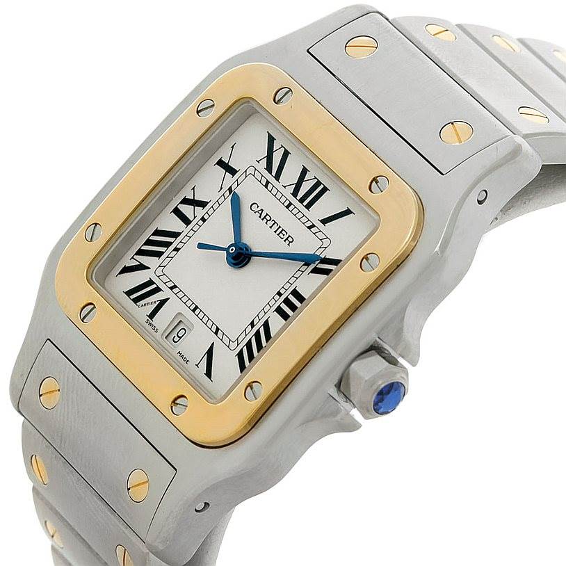 This image shows a Cartier Santos W20011C4 Men
s Stainless Steel Silver Dial W20011C4 Men
s Stainless Steel Silver Dial watch from a front angle, highlighting the face, bezel, crown, and part of the bracelet.