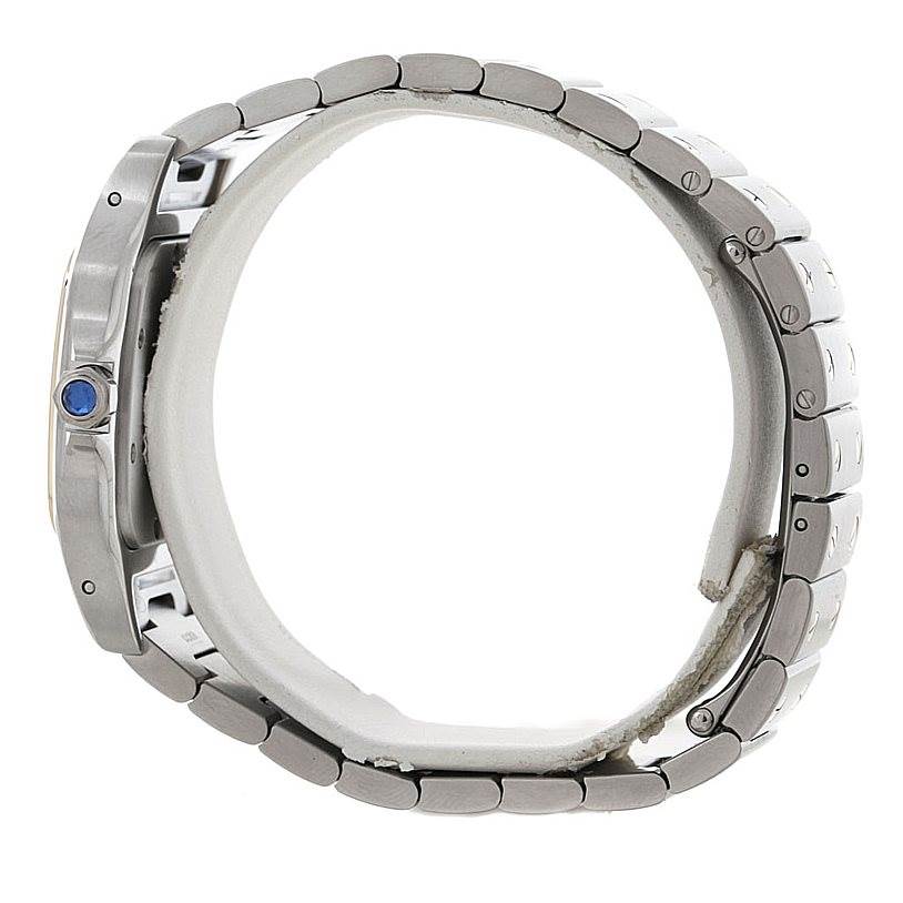 This image shows a side view of a Cartier Santos W20011C4 Men
s Stainless Steel Silver Dial W20011C4 Men
s Stainless Steel Silver Dial watch, highlighting its bracelet and crown.