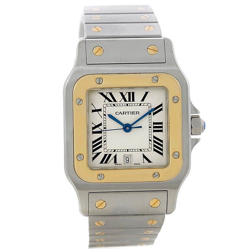 This is a front view of the Cartier Santos W20011C4 Men
s Stainless Steel Silver Dial W20011C4 Men
s Stainless Steel Silver Dial watch showing the dial, bezel, bracelet, and screws.
