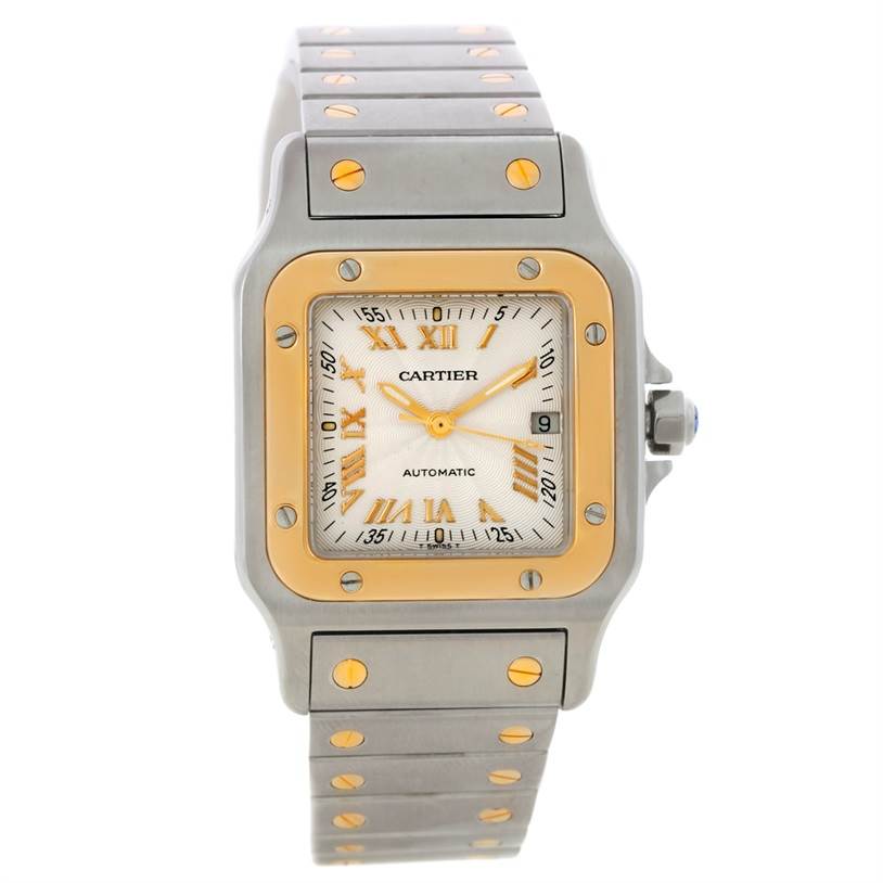The image shows a front view of the Santos model by Cartier, displaying its face, band, and crown.