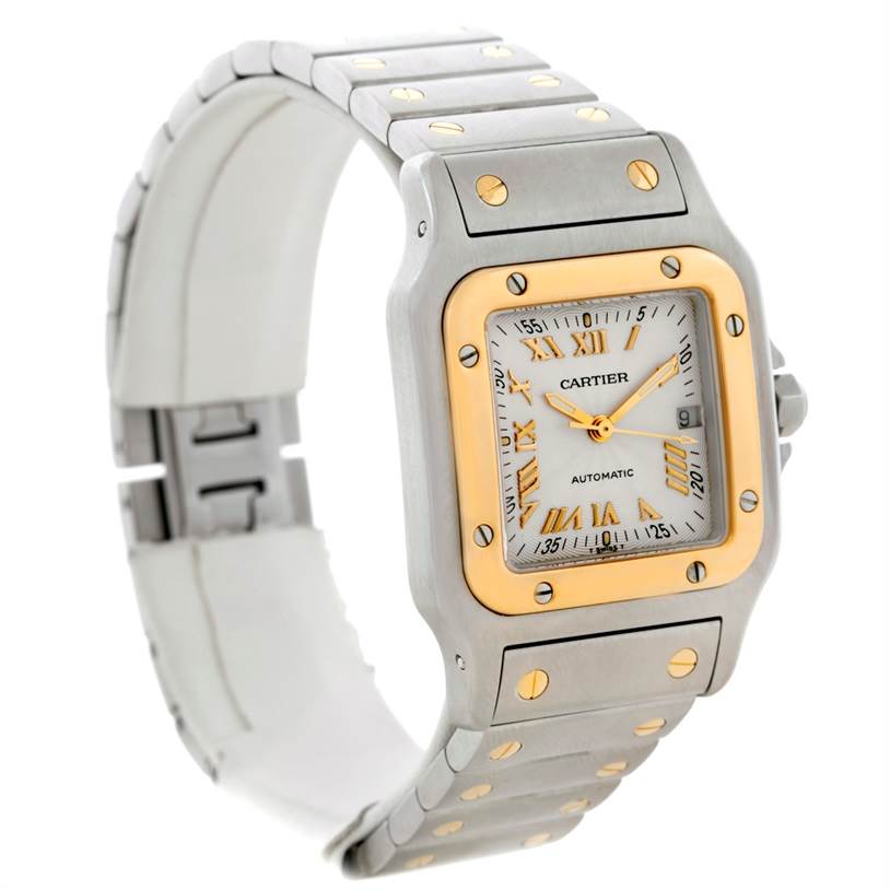 The Cartier Santos W20058C4 Men
s Stainless Steel Silver Dial W20058C4 Men
s Stainless Steel Silver Dial watch is shown at a three-quarter angle, displaying the face, bezel, and part of the metal bracelet.