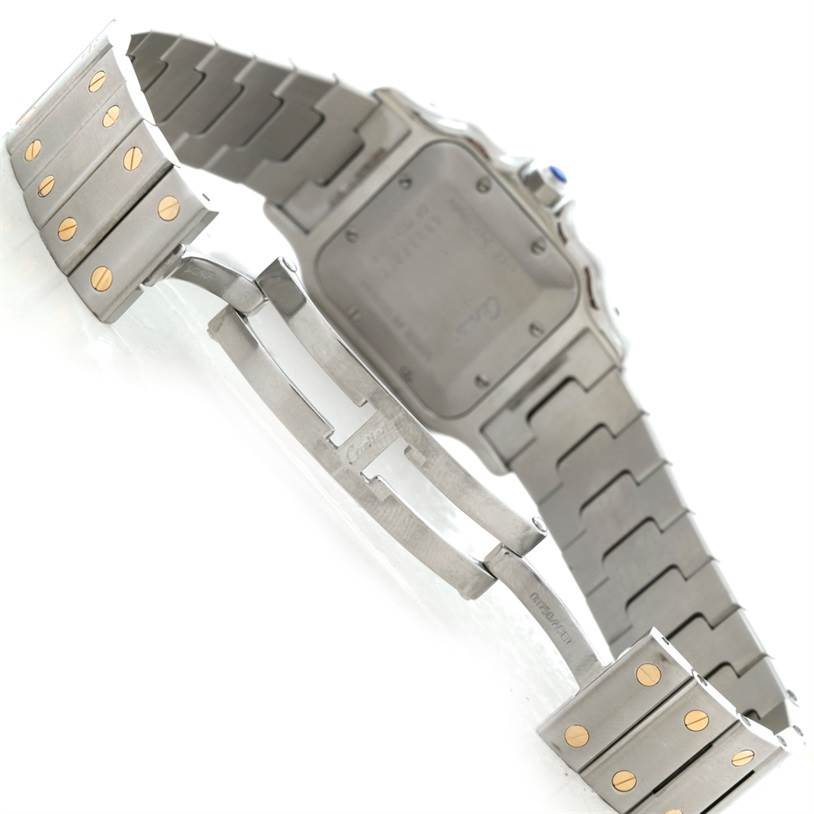 This image shows the back and bracelet of a Cartier Santos W20058C4 Men
s Stainless Steel Silver Dial W20058C4 Men
s Stainless Steel Silver Dial watch, highlighting the clasp and case back.