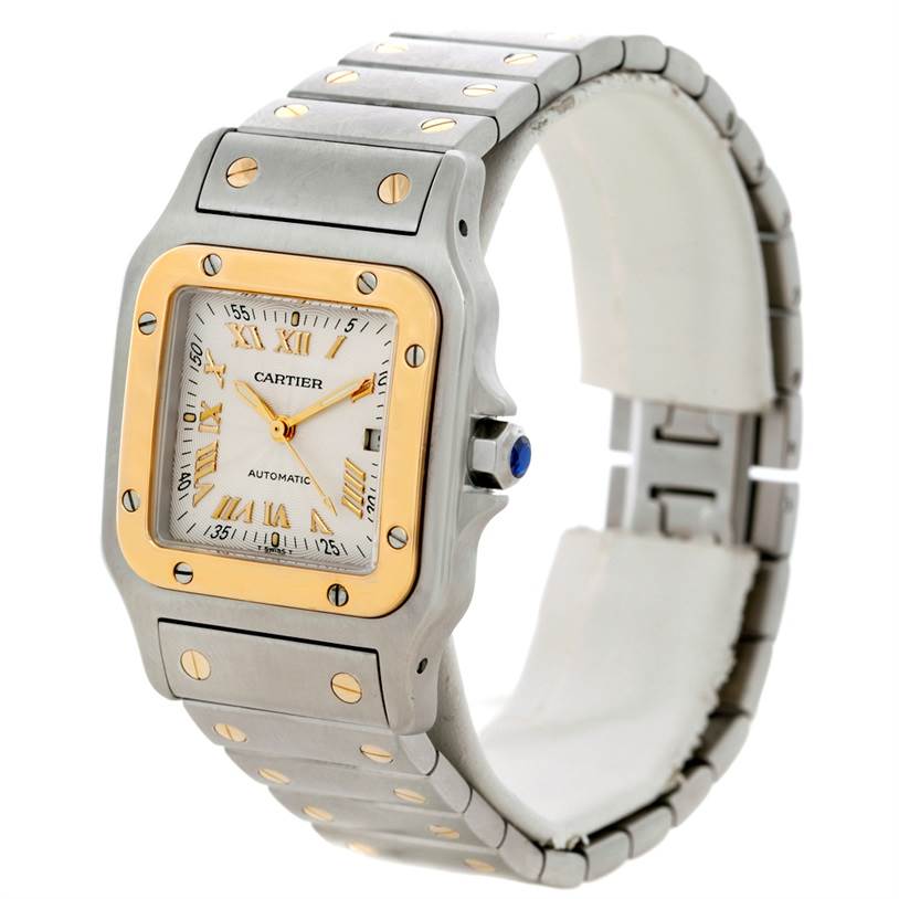 The Cartier Santos W20058C4 Men
s Stainless Steel Silver Dial W20058C4 Men
s Stainless Steel Silver Dial watch is shown at an angle, displaying the face, bezel, case, and bracelet.