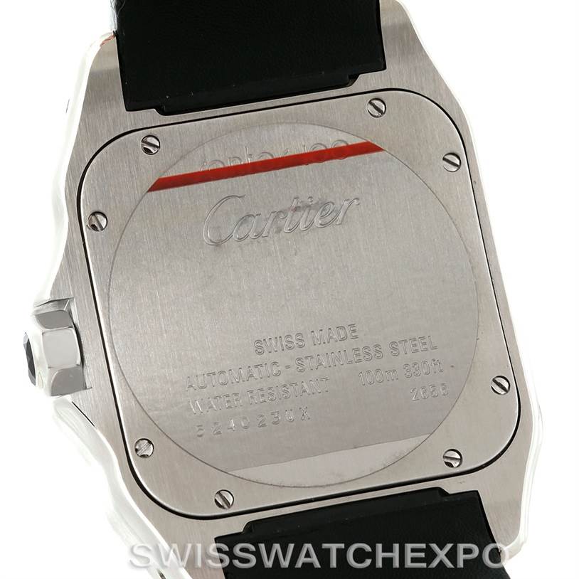 This image shows the case back of the Santos model by Cartier, displaying engraved details and part of the strap.