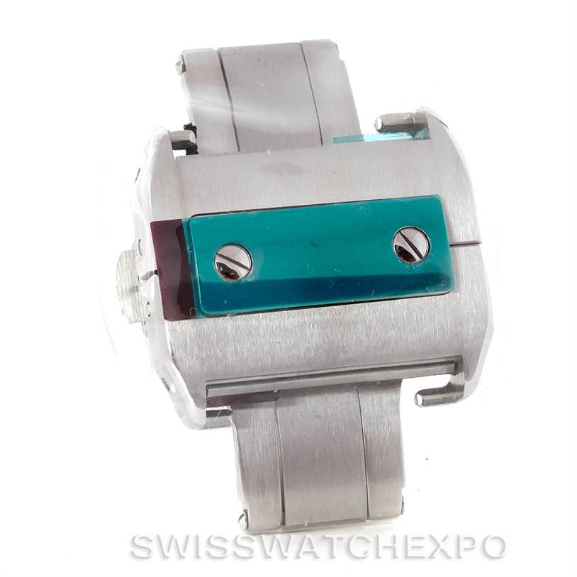 The image shows a close-up of a bracelet link for a Santos model watch by Cartier.