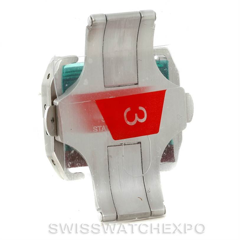 The image shows the folding clasp and part of the bracelet of a Cartier Santos W20073X8 Men
s Stainless Steel Silver Dial W20073X8 Men
s Stainless Steel Silver Dial watch from the side view.