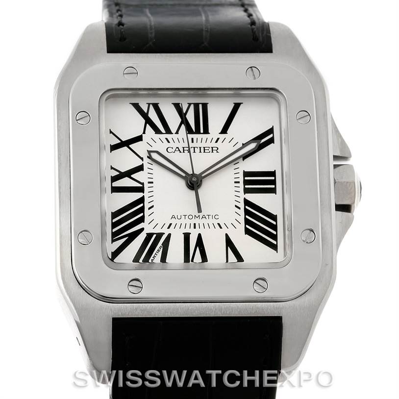 The image shows a front view of the Cartier Santos W20073X8 Men
s Stainless Steel Silver Dial W20073X8 Men
s Stainless Steel Silver Dial watch, featuring its square face, Roman numeral dial, and black leather strap.