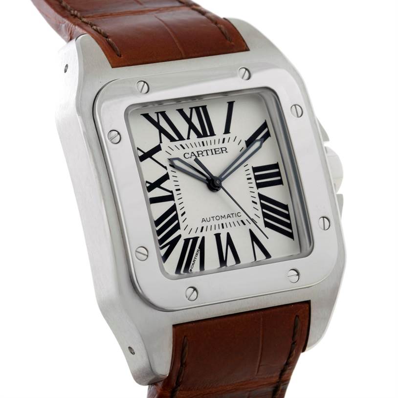 This image shows a close-up angled view of the Santos model by Cartier, displaying its dial, case, and part of the leather strap.