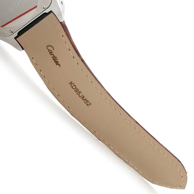 The image shows the underside of the strap of a Santos model watch by Cartier.