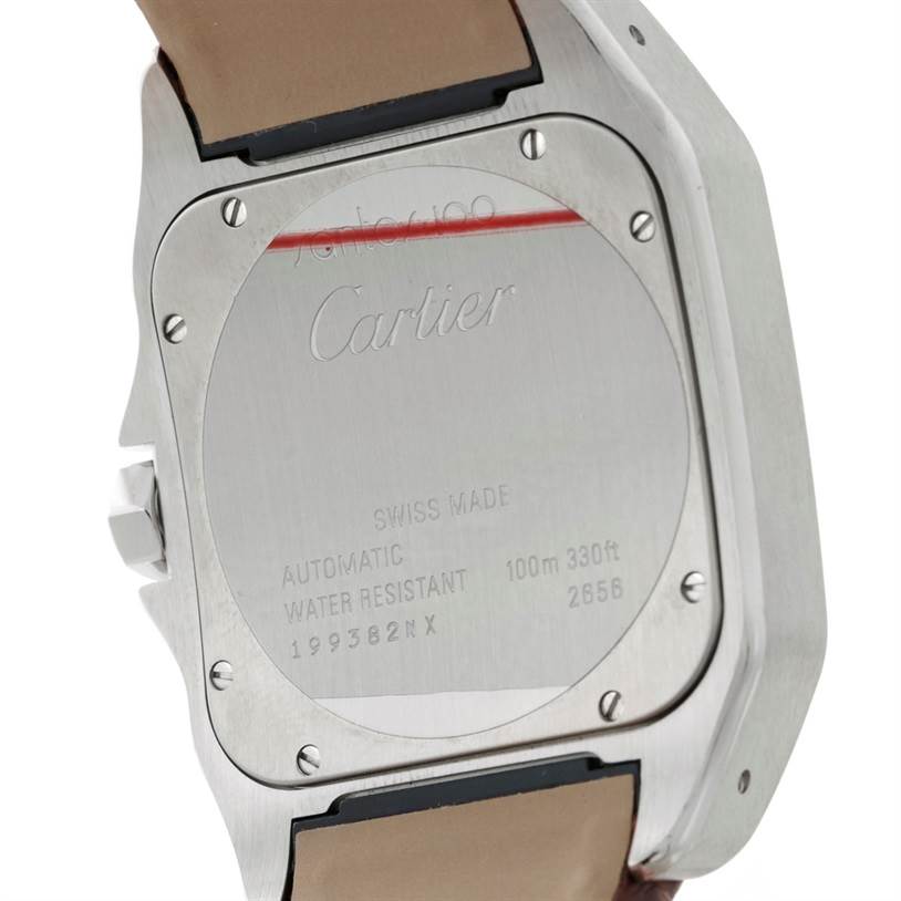 The image shows the back view of a Santos model watch by Cartier, displaying the case back and strap attachment.