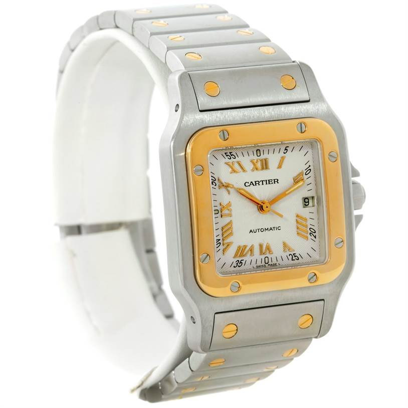 The Cartier Santos W20058C4 Men's Stainless Steel Silver Dial W20058C4 Men's Stainless Steel Silver Dial watch is shown from a front angle, displaying the face, bezel, and part of the band.