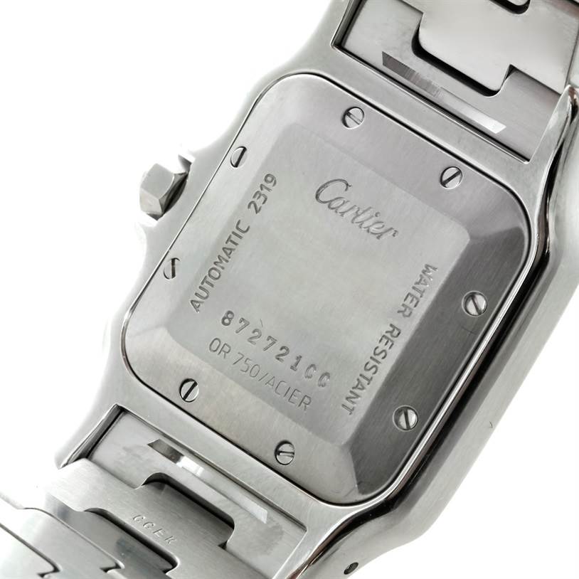 This image shows the back case and part of the bracelet of a Cartier Santos W20058C4 Men's Stainless Steel Silver Dial W20058C4 Men's Stainless Steel Silver Dial watch.
