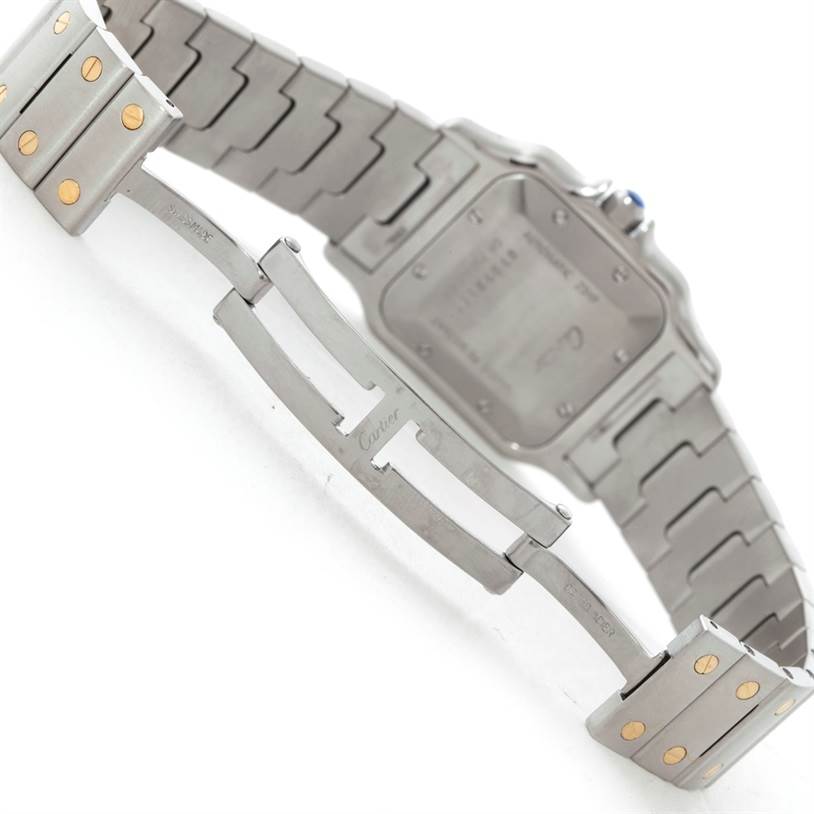 This image shows the back view and clasp of a Santos model watch by Cartier.