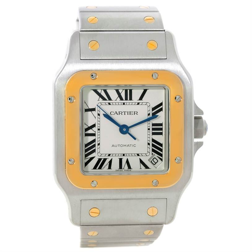 The image shows a front view of the Santos model by Cartier, featuring the face, bezel, and part of the bracelet.