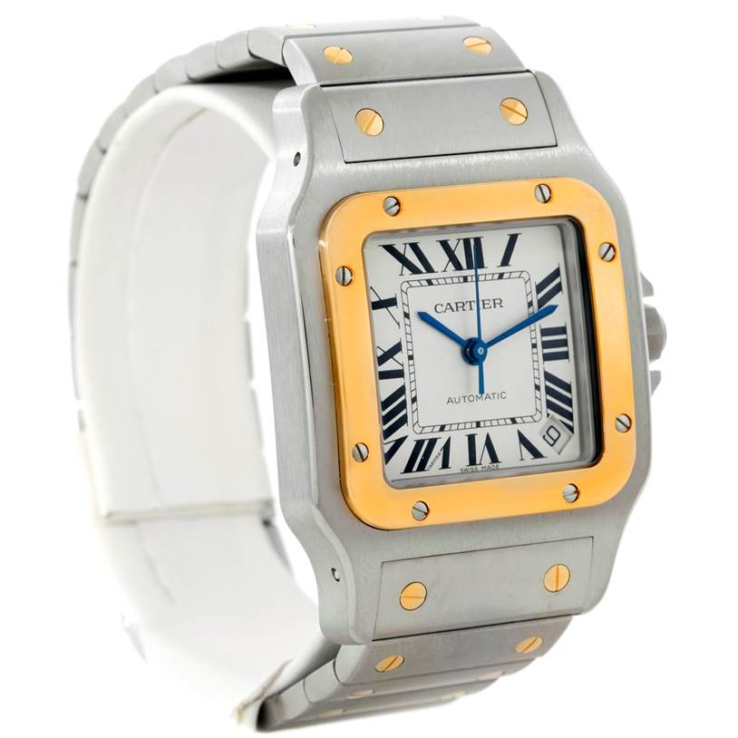 The image shows a three-quarter angle view of a Cartier Santos W20099C4 Men's Stainless Steel Silver Dial W20099C4 Men's Stainless Steel Silver Dial watch, highlighting the face, bezel, and part of the bracelet.