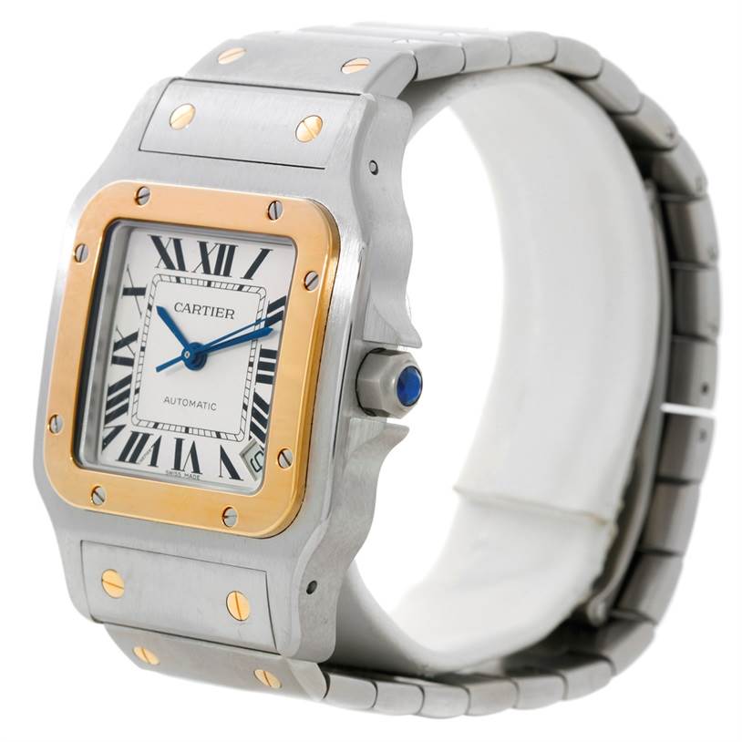 This image shows a close-up, side angle of the Cartier Santos W20099C4 Men's Stainless Steel Silver Dial W20099C4 Men's Stainless Steel Silver Dial watch, highlighting the face, bezel, and part of the bracelet.