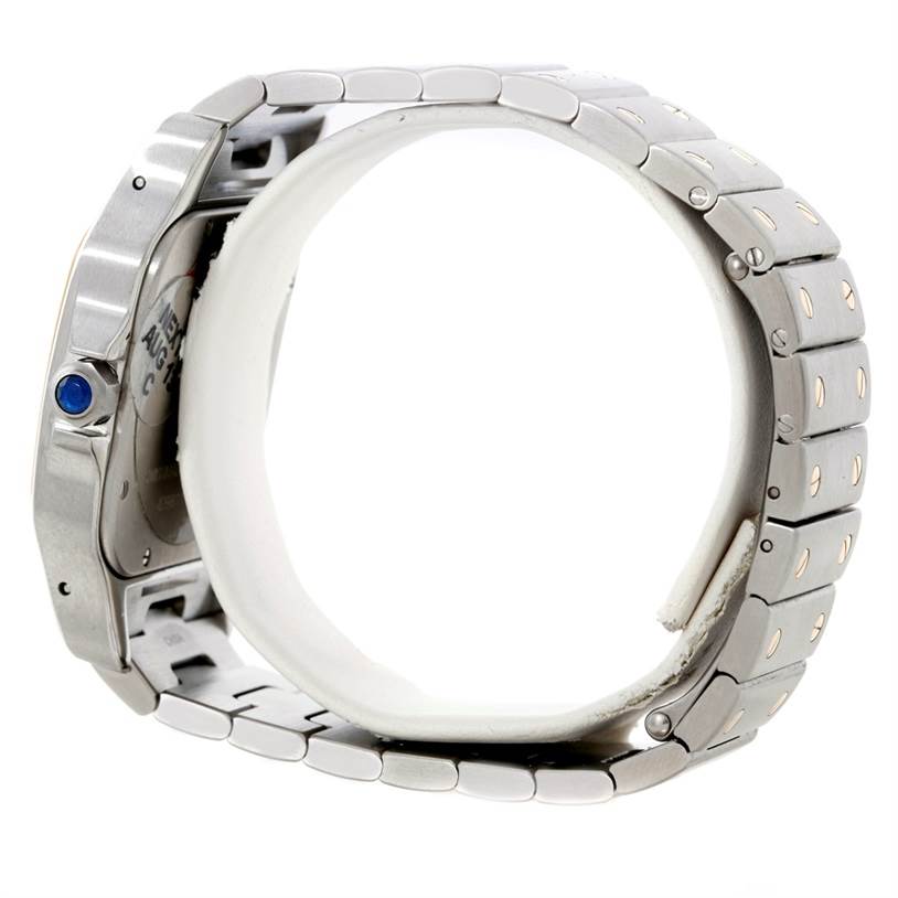 The image shows a side view of a Santos model by Cartier, focusing on the bracelet and side profile of the case.