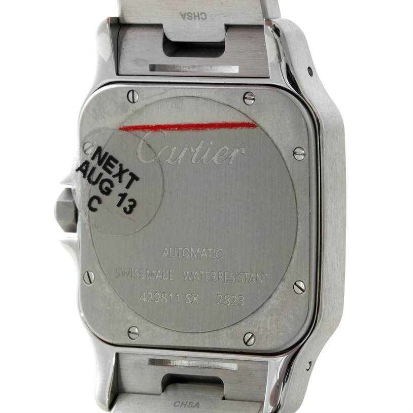 The image shows the back casing of a Santos model watch by Cartier.