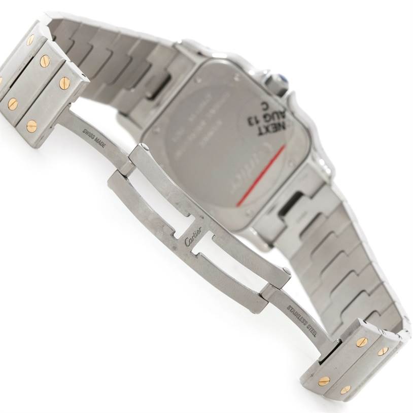 The image shows the stainless steel bracelet and clasp of a Cartier Santos W20099C4 Men's Stainless Steel Silver Dial W20099C4 Men's Stainless Steel Silver Dial model watch, viewed from the back.