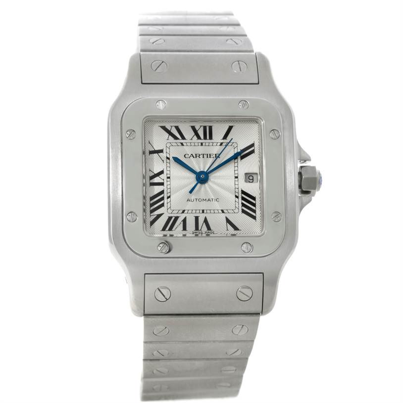 This image shows a front view of the Cartier Santos W20055D6 Men
s Stainless Steel Silver Dial W20055D6 Men
s Stainless Steel Silver Dial model watch, displaying the dial, bezel, crown, and bracelet.