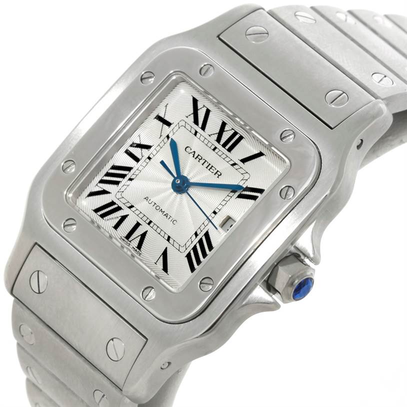 The image shows a close-up angle of the Cartier Santos W20055D6 Men
s Stainless Steel Silver Dial W20055D6 Men
s Stainless Steel Silver Dial watch, highlighting its face, bezel, and part of the bracelet.