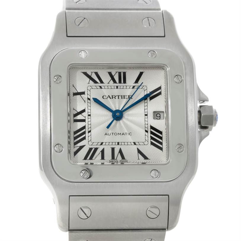 The image shows a close-up, front view of the dial and part of the bracelet of a Cartier Santos W20055D6 Men
s Stainless Steel Silver Dial W20055D6 Men
s Stainless Steel Silver Dial watch.