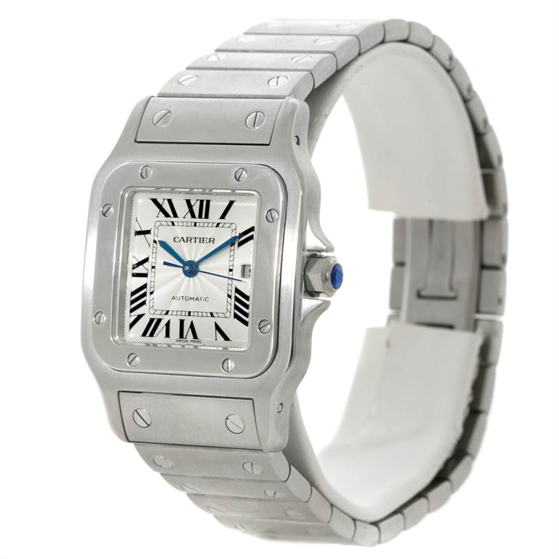 The image shows a Cartier Santos W20055D6 Men
s Stainless Steel Silver Dial W20055D6 Men
s Stainless Steel Silver Dial watch from an angled perspective, highlighting the face, bezel, crown, and part of the metal bracelet.