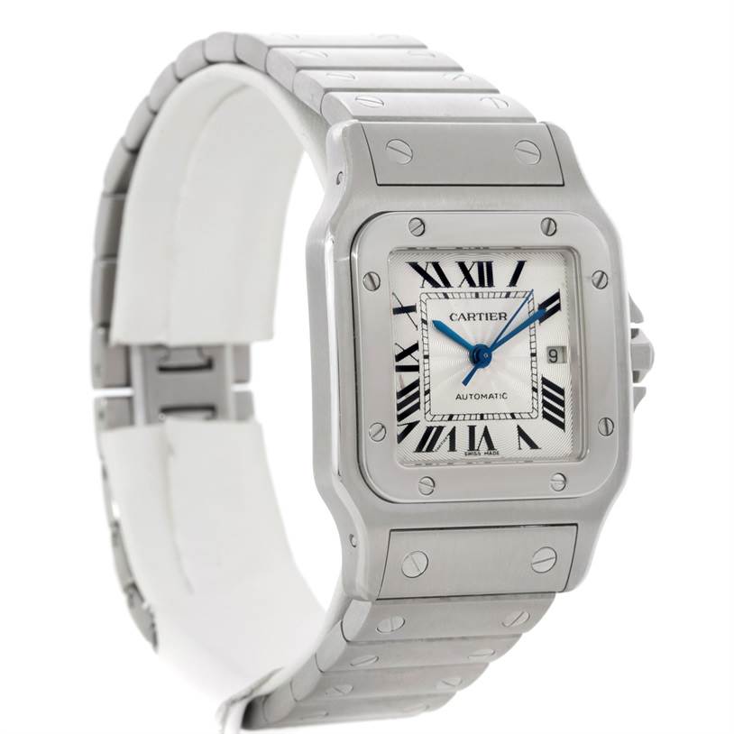 The image shows a front and angled view of the Cartier Santos W20055D6 Men
s Stainless Steel Silver Dial W20055D6 Men
s Stainless Steel Silver Dial watch, highlighting the face, bezel, and part of the bracelet.