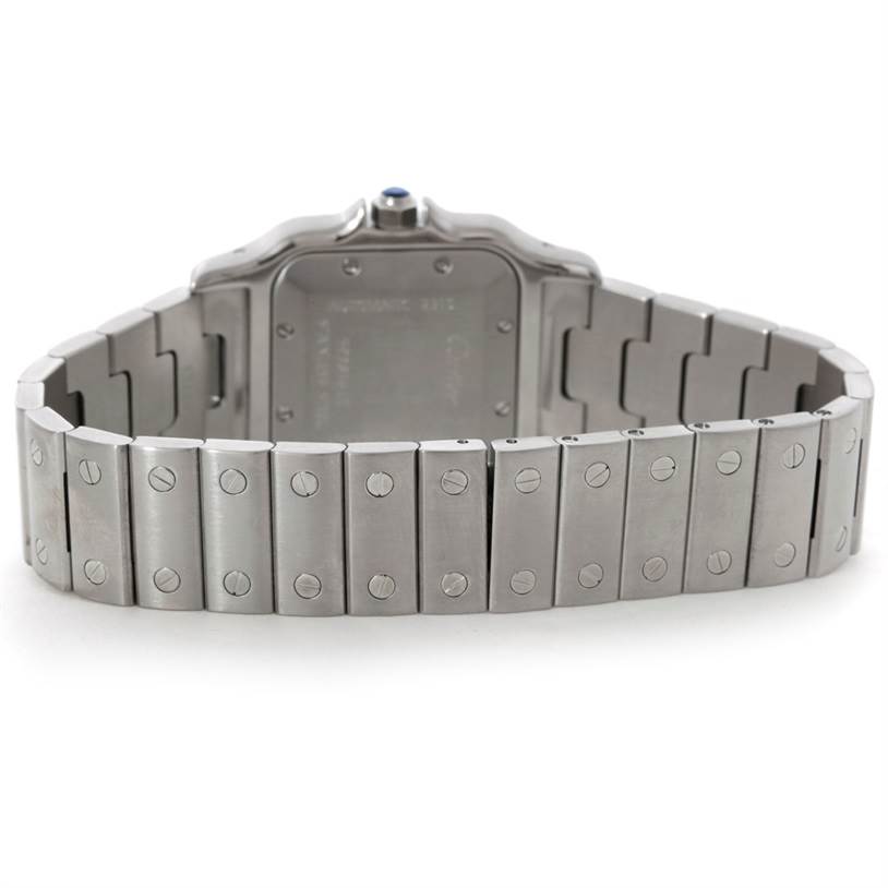 The image shows the backside and bracelet of a Cartier Santos W20055D6 Men
s Stainless Steel Silver Dial W20055D6 Men
s Stainless Steel Silver Dial watch, featuring a stainless steel strap with visible screws.