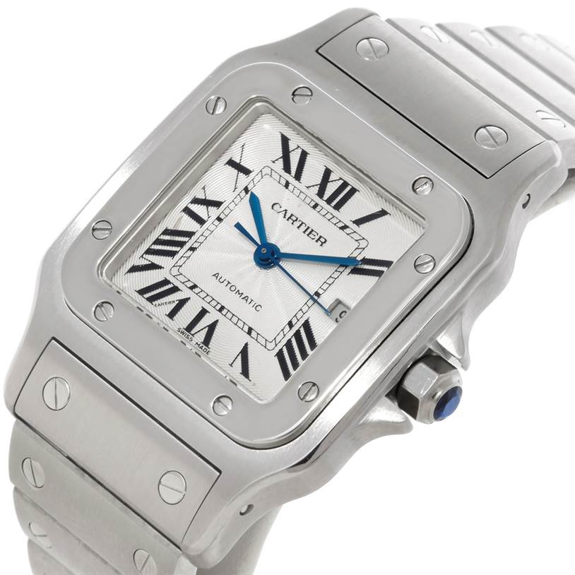 The image shows a close-up angle of the Cartier Santos W20055D6 Men
s Stainless Steel Silver Dial W20055D6 Men
s Stainless Steel Silver Dial watch, highlighting its face, side, and bracelet.