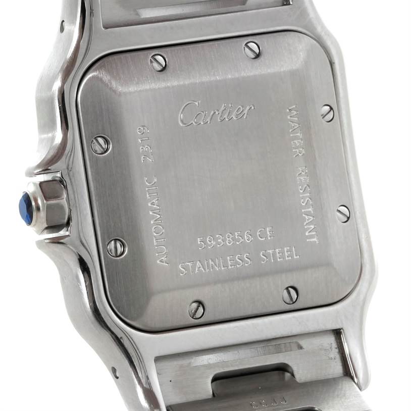 This image shows the back case and part of the bracelet of a Santos model by Cartier.