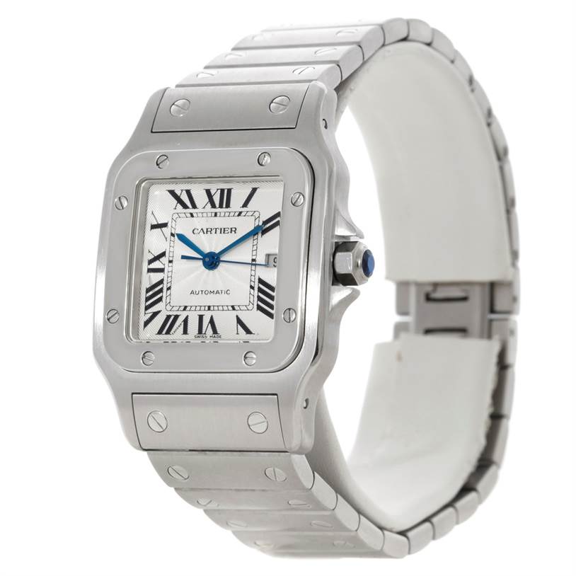 The image shows a side view of the Cartier Santos W20055D6 Men
s Stainless Steel Silver Dial W20055D6 Men
s Stainless Steel Silver Dial watch, highlighting its square face, bezel, bracelet, and crown.