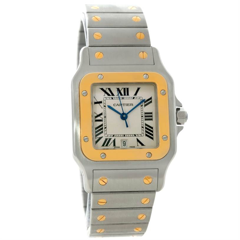 This is a frontal view of the Cartier Santos W20011C4 Men's Stainless Steel Silver Dial W20011C4 Men's Stainless Steel Silver Dial watch, showcasing its dial, bezel, and metal bracelet.