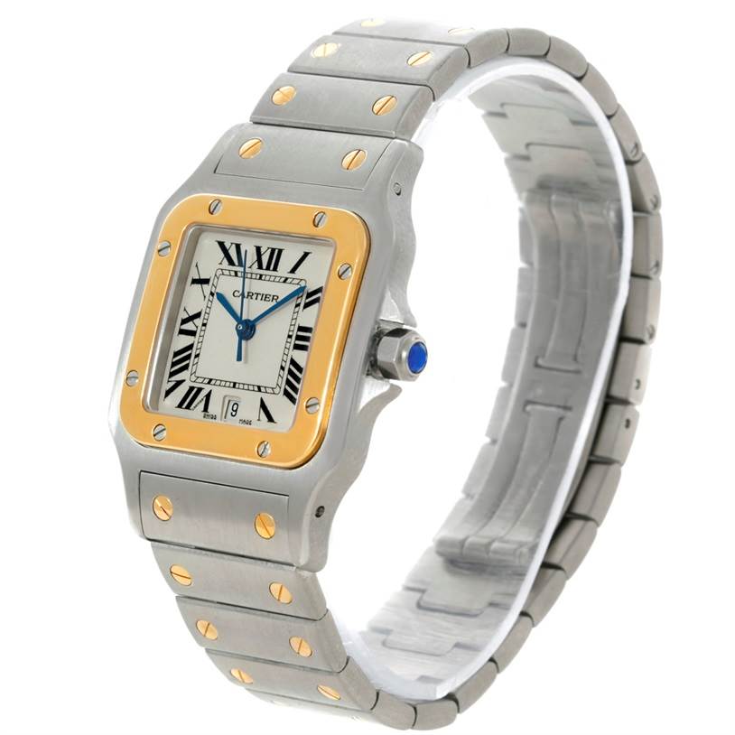 The image shows a Cartier Santos W20011C4 Men's Stainless Steel Silver Dial W20011C4 Men's Stainless Steel Silver Dial watch from an angled side view, highlighting its bracelet, dial, and bezel.